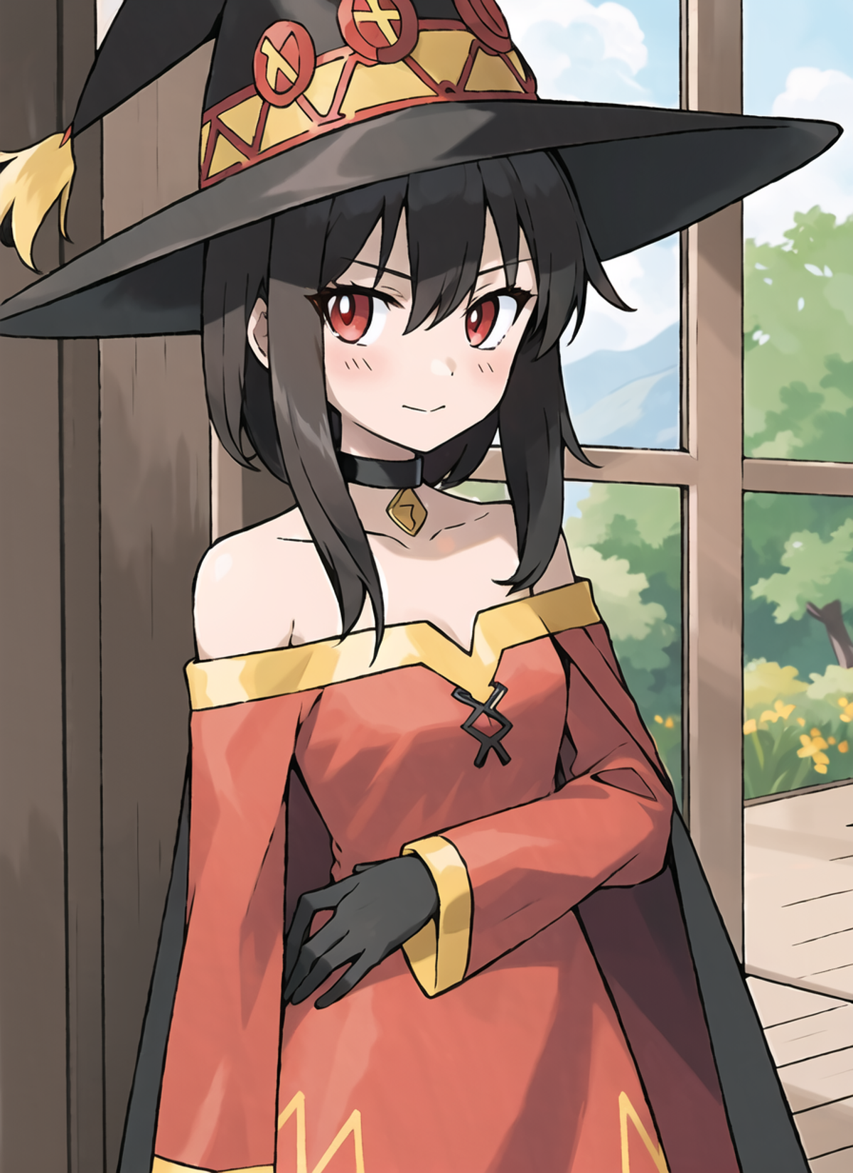 3978524097-3310753062-sugimori ken _(style_), megumin, 1girl, bare shoulders, black hair, black cape, black gloves, blush, cape, choker, collarbone, d.png